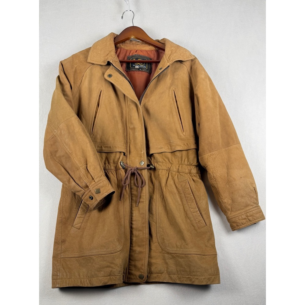 Sin Hung Leather Tan Utility Jacket Drawstring Waist Mid Length Coat Mens Size M